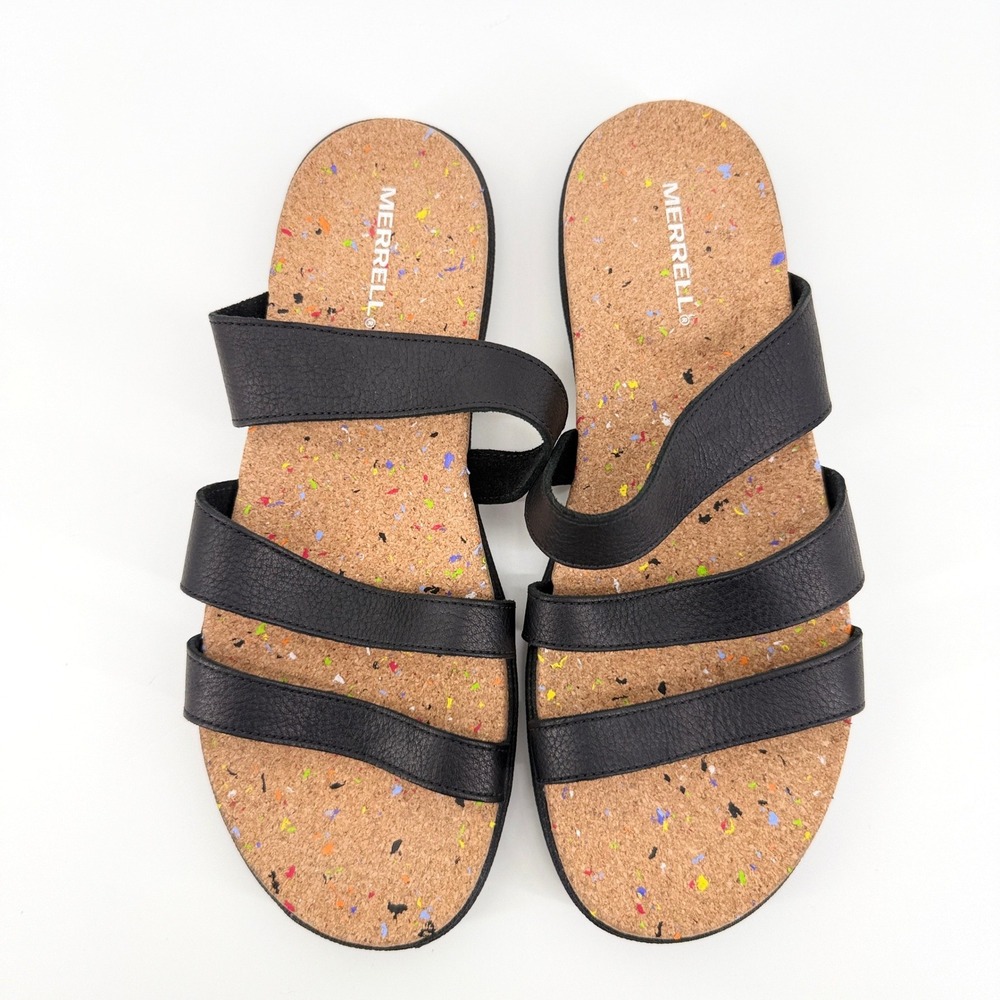 Merrell‎ Dark Malbec Slide Sandals 9 Black Leather Cork Footbed Womens Comfort
